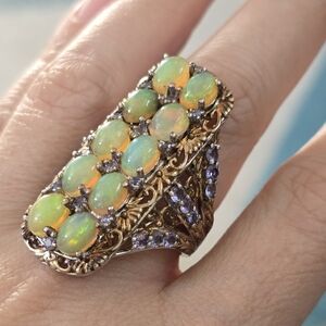 Opal & Amethyst Sterling silver & Gold Marked STS statement runway ring